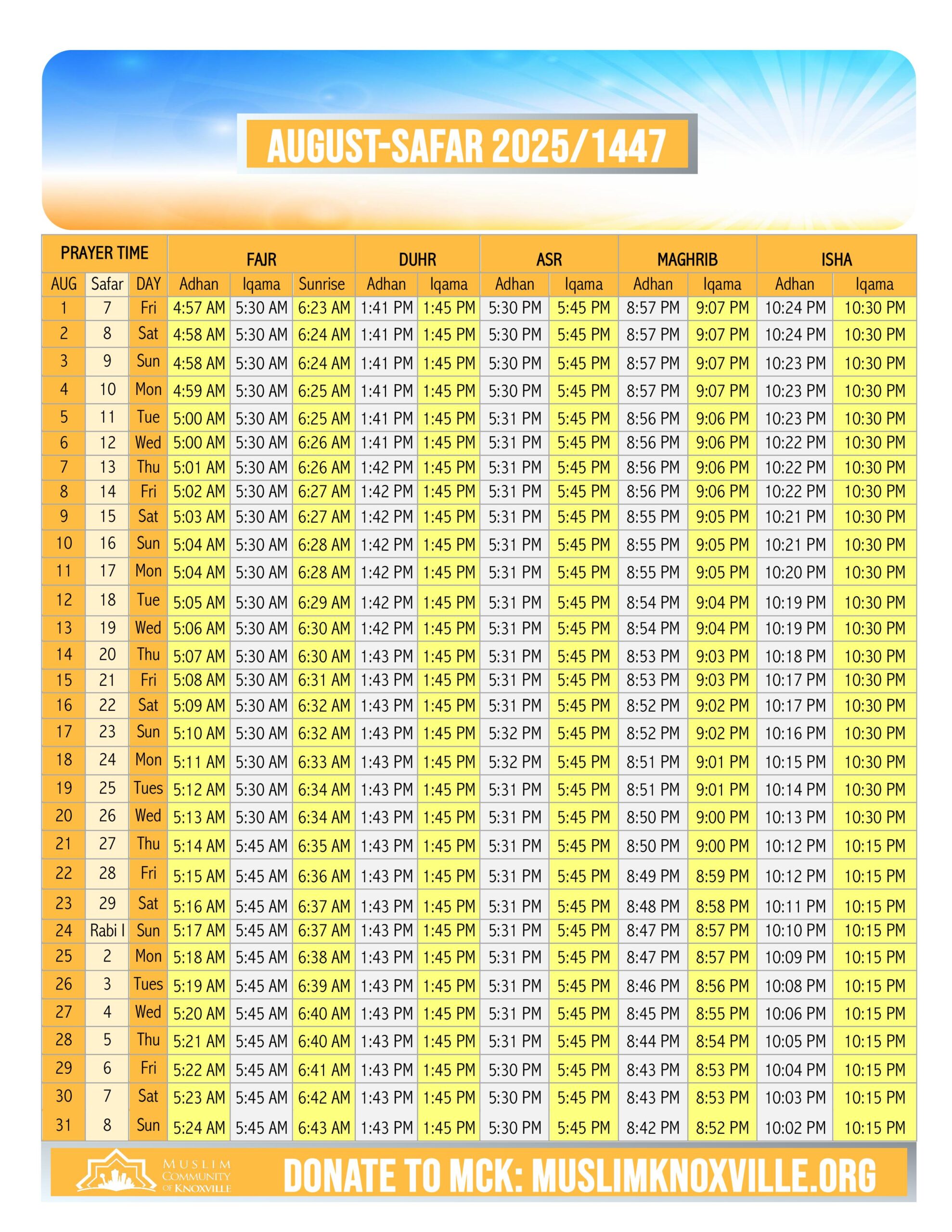 Prayer time 2025-August